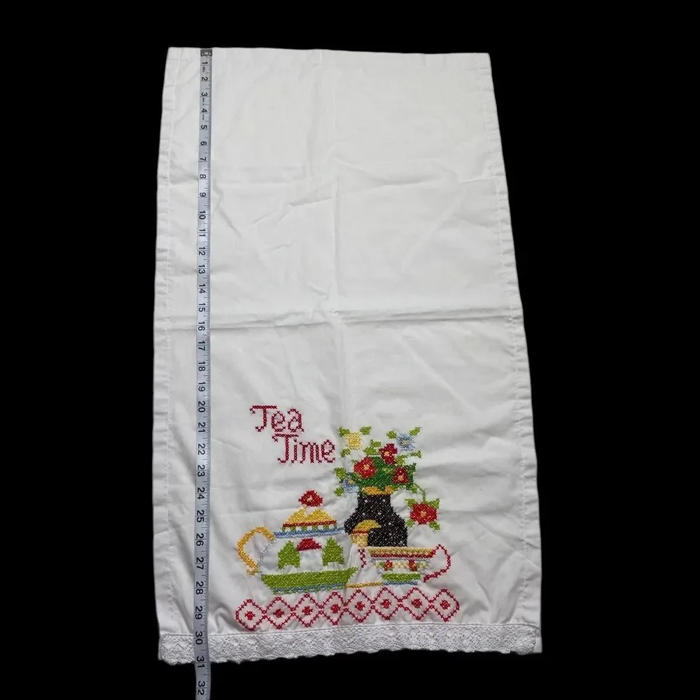 Vintage Hand Embroidered Tea Time Tea Towel
